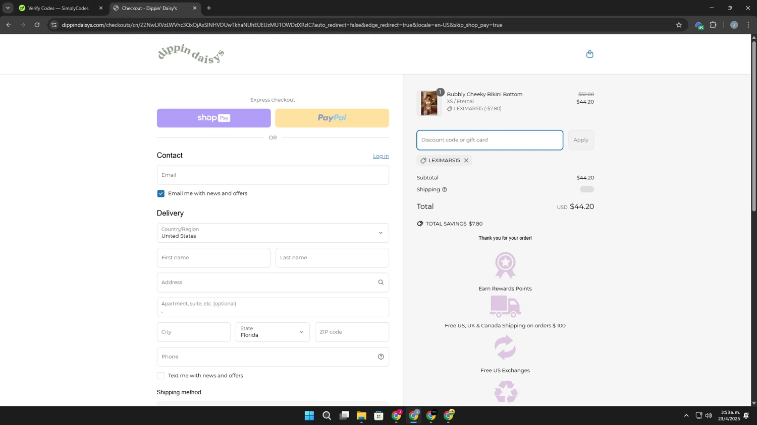 Dippin' Daisy's Swimwear promo code screenshot showing code LEXIMARS15 applied at Dippin' Daisy's Swimwear checkout page. Uploaded by SimplyCodes community member Khaiden on Apr 23, 2025