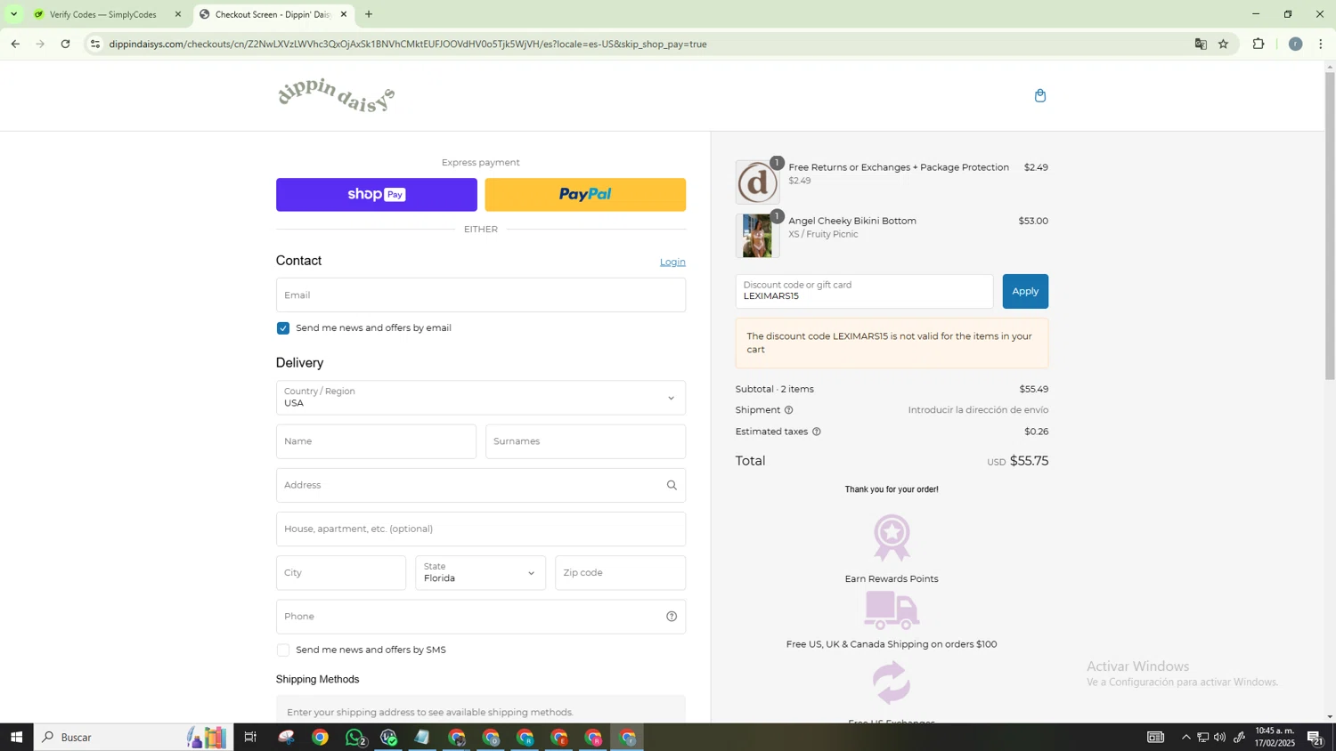 Dippin' Daisy's Swimwear promo code screenshot showing code LEXIMARS15 applied at Dippin' Daisy's Swimwear checkout page. Uploaded by SimplyCodes community member CashScholar6568 on Feb 17, 2025