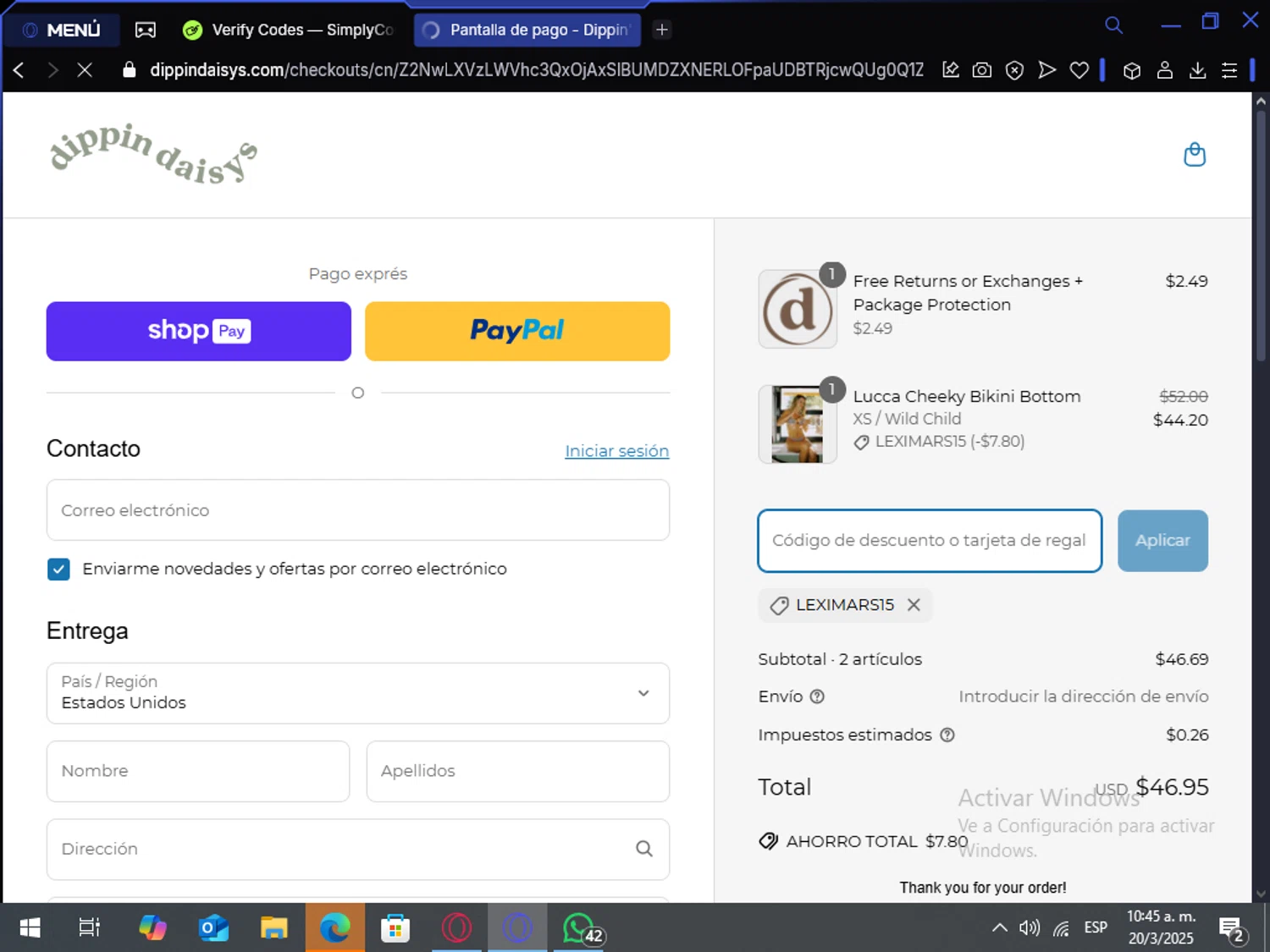 Dippin' Daisy's Swimwear promo code screenshot showing code LEXIMARS15 applied at Dippin' Daisy's Swimwear checkout page. Uploaded by SimplyCodes community member NoblePilot6996 on Mar 20, 2025