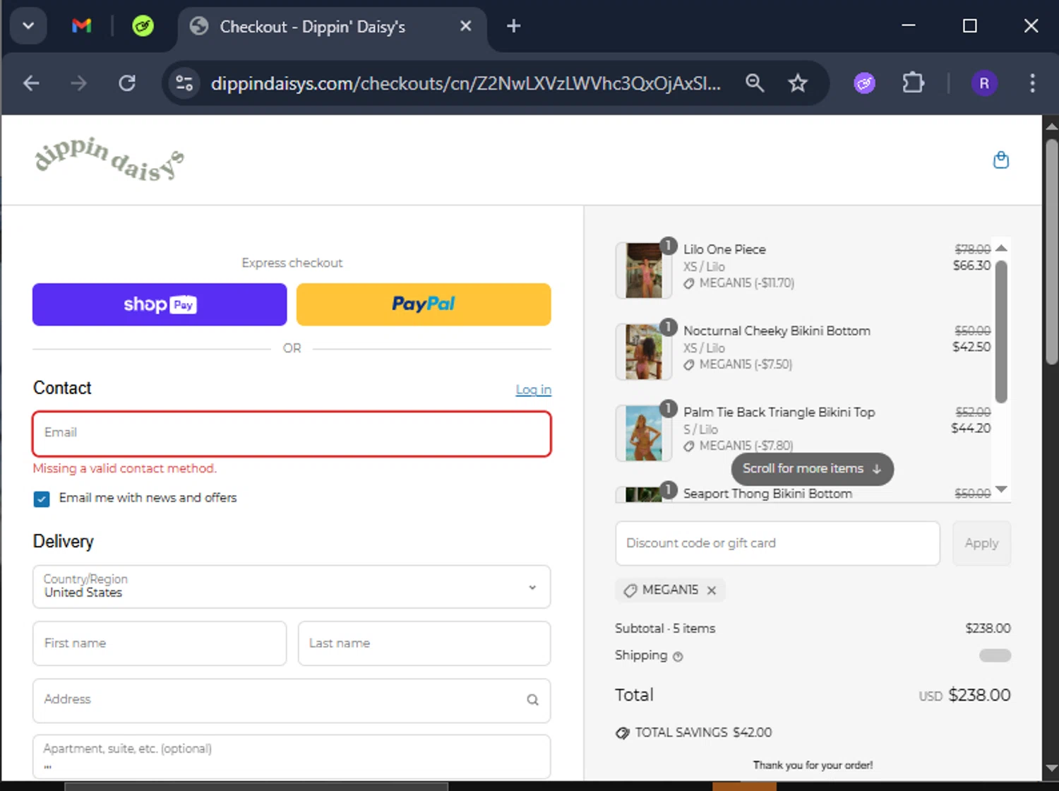 Dippin' Daisy's Swimwear promo code screenshot showing code MEGAN15 applied at Dippin' Daisy's Swimwear checkout page. Uploaded by SimplyCodes community member CashCollector4199 on Apr 30, 2025