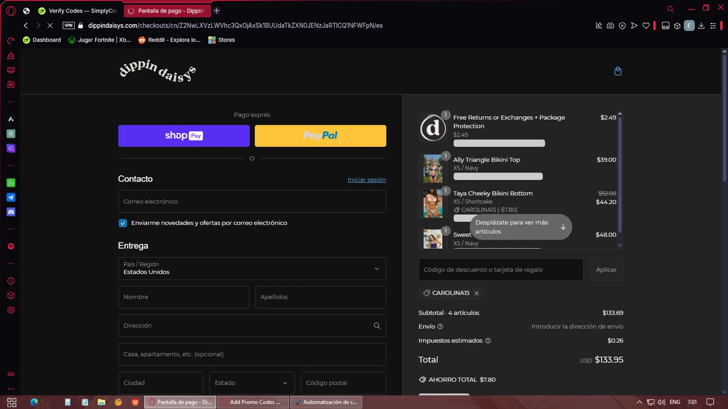 Dippin' Daisy's Swimwear promo code screenshot showing code CAROLINA15 applied at Dippin' Daisy's Swimwear checkout page. Uploaded by SimplyCodes community member Eliott on Feb 20, 2025