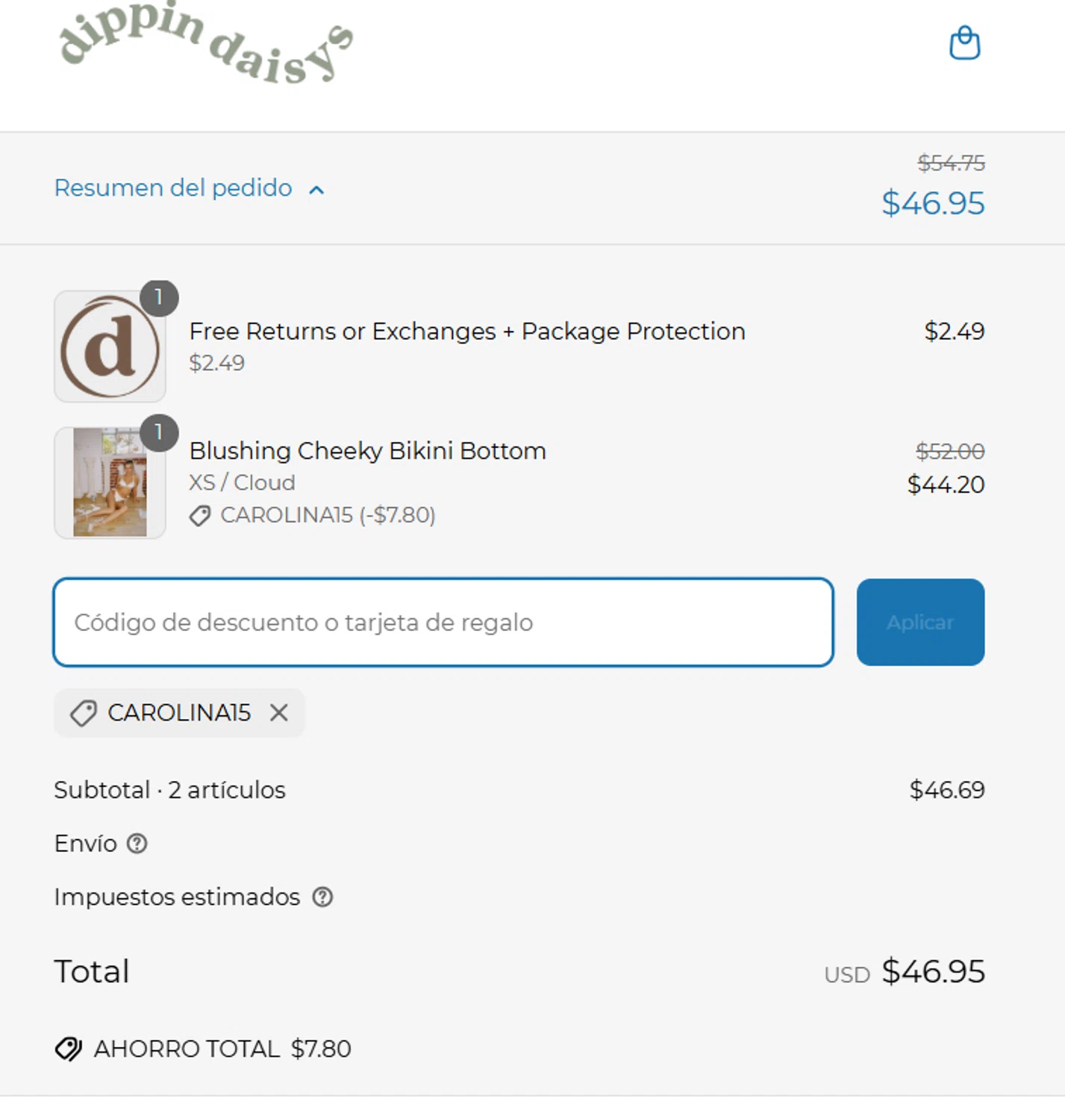 Dippin' Daisy's Swimwear promo code screenshot showing code CAROLINA15 applied at Dippin' Daisy's Swimwear checkout page. Uploaded by SimplyCodes community member LegendaryHero6995 on Apr 6, 2025