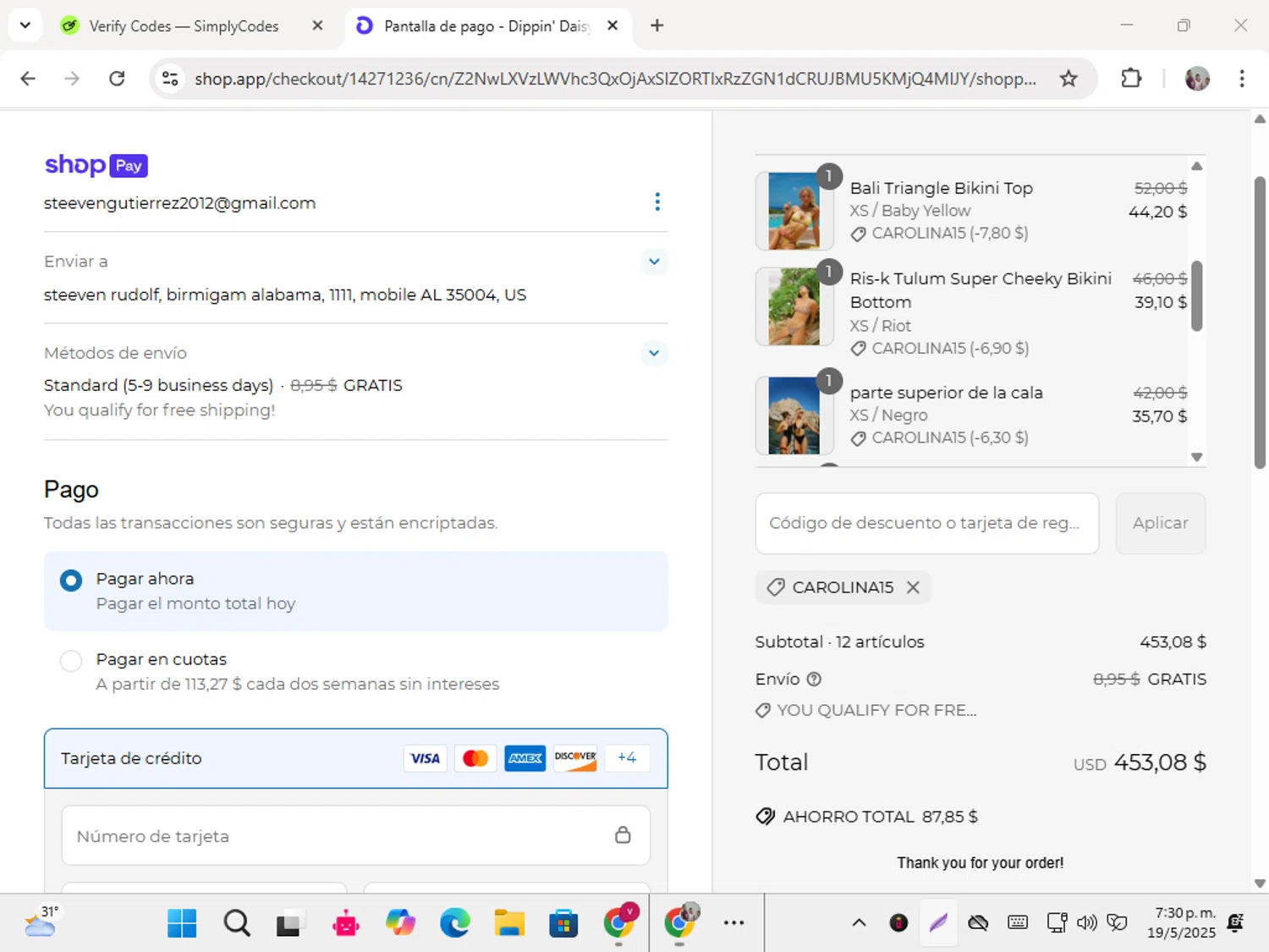 Dippin' Daisy's Swimwear promo code screenshot showing code CAROLINA15 applied at Dippin' Daisy's Swimwear checkout page. Uploaded by SimplyCodes community member karolg on May 19, 2025