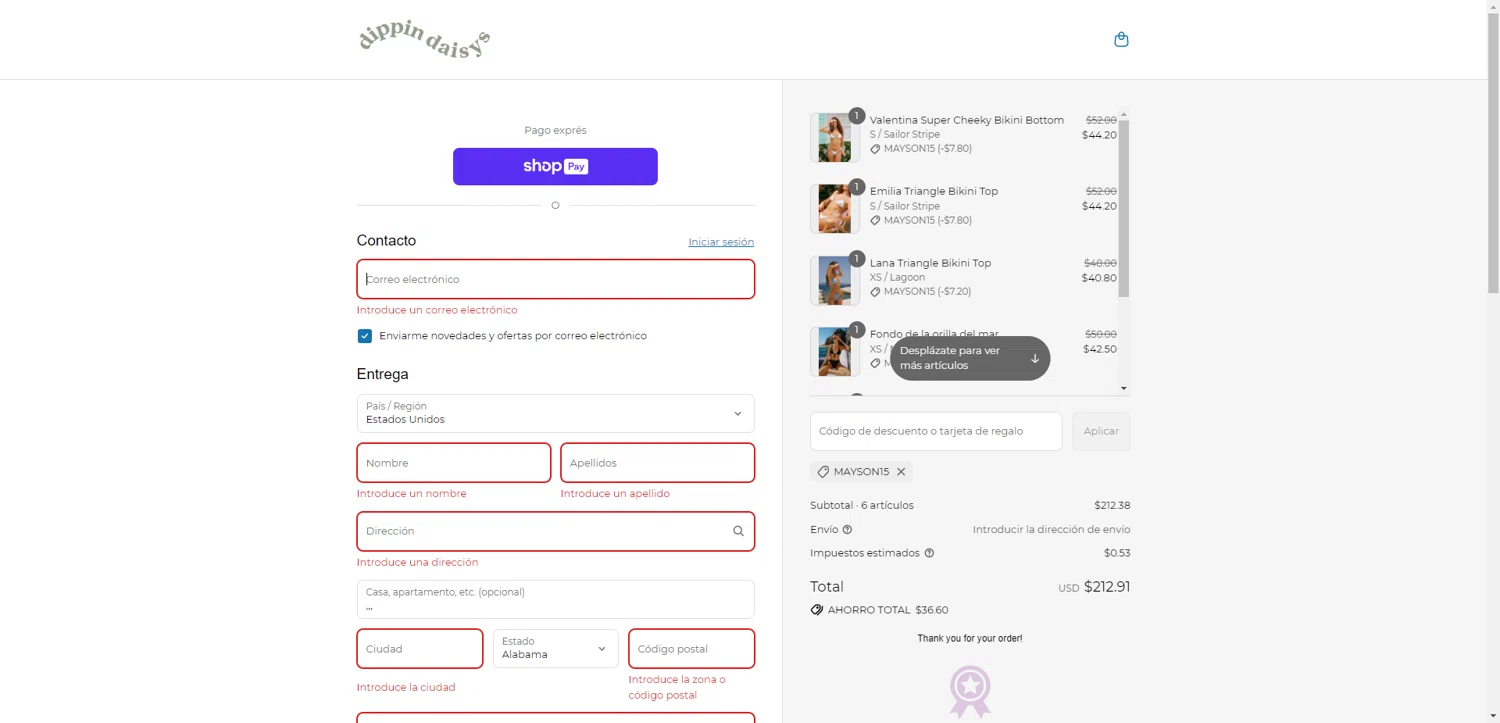 Dippin' Daisy's Swimwear promo code screenshot showing code MAYSON15 applied at Dippin' Daisy's Swimwear checkout page. Uploaded by SimplyCodes community member PennyRanger8219 on Jul 12, 2025