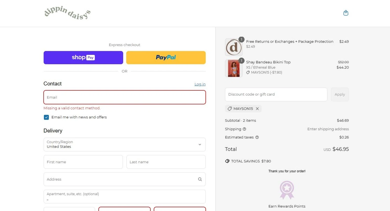 Dippin' Daisy's Swimwear promo code screenshot showing code MAYSON15 applied at Dippin' Daisy's Swimwear checkout page. Uploaded by SimplyCodes community member PennyHero5335 on Apr 7, 2025