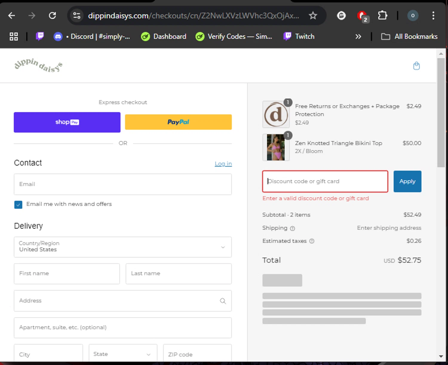 Dippin' Daisy's Swimwear promo code screenshot showing code MAYSON15 applied at Dippin' Daisy's Swimwear checkout page. Uploaded by SimplyCodes community member DealHero3744 on Feb 18, 2025