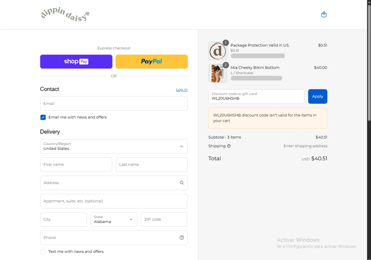 Dippin' Daisy's Swimwear promo code screenshot showing code WL20U6HSHB applied at Dippin' Daisy's Swimwear checkout page. Uploaded by SimplyCodes community member ValueGenius9720 on Aug 25, 2025
