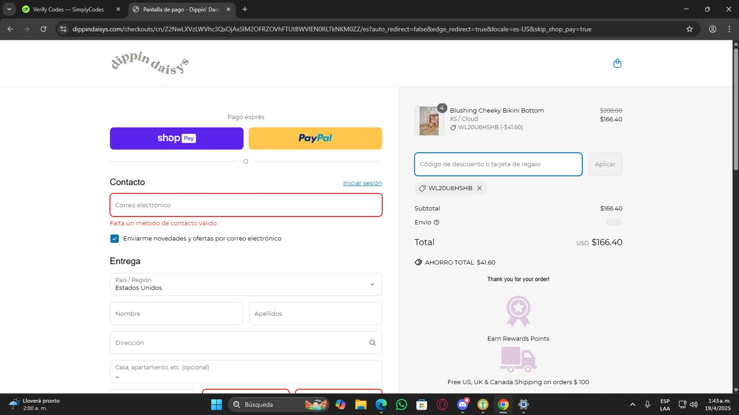 Dippin' Daisy's Swimwear promo code screenshot showing code WL20U6HSHB applied at Dippin' Daisy's Swimwear checkout page. Uploaded by SimplyCodes community member GoldSaver5472 on Apr 19, 2025