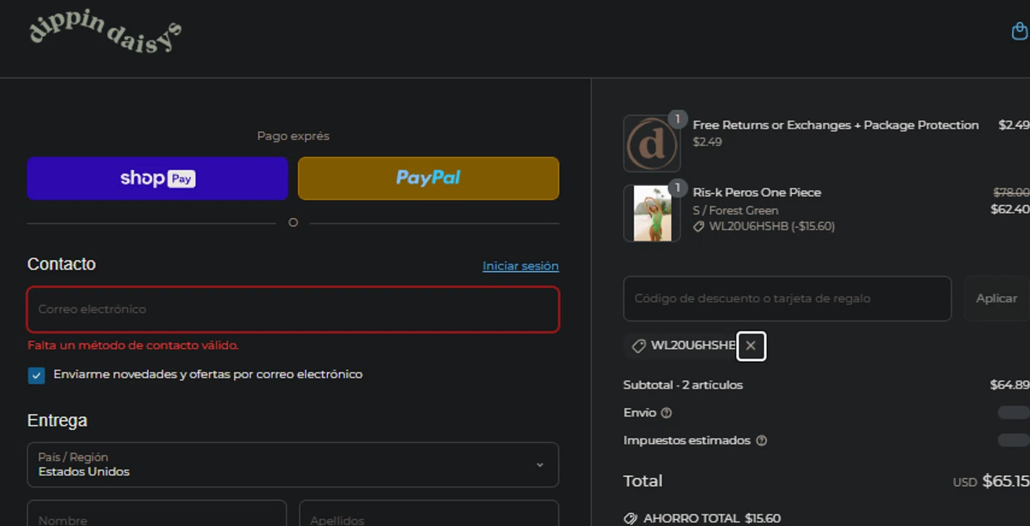 Dippin' Daisy's Swimwear promo code screenshot showing code WL20U6HSHB applied at Dippin' Daisy's Swimwear checkout page. Uploaded by SimplyCodes community member idkxxx on Apr 19, 2025