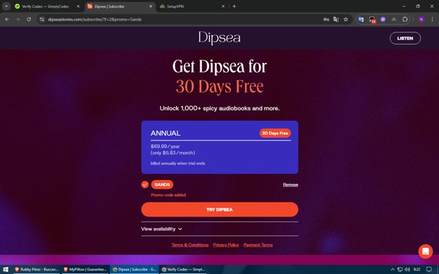 Dipsea checkout page showing Dipsea promo code box | Screenshot taken by SimplyCodes community member on Jul 27, 2025