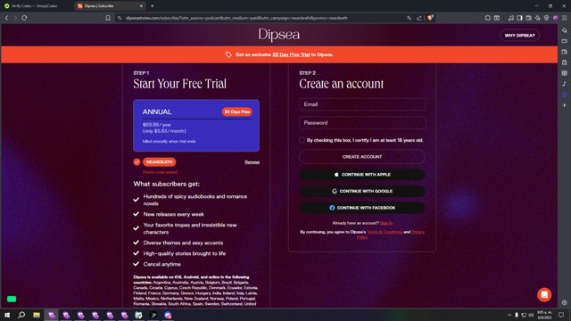 Dipsea checkout page showing Dipsea promo code box | Screenshot taken by SimplyCodes community member on Aug 8, 2025