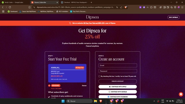 Dipsea checkout page showing Dipsea promo code box | Screenshot taken by SimplyCodes community member on Jul 23, 2025
