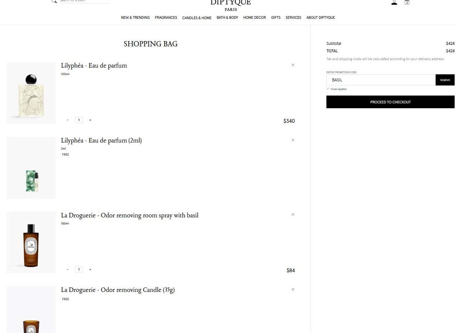 Diptyque Paris promo code screenshot showing code BASIL applied at Diptyque Paris checkout page. Uploaded by SimplyCodes community member stygian1 on Oct 9, 2025