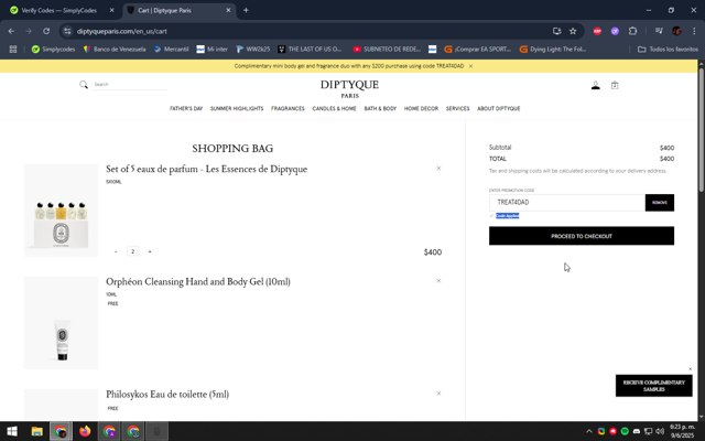 Diptyque Paris checkout page showing Diptyque Paris promo code box | Screenshot taken by SimplyCodes community member on Jun 9, 2025