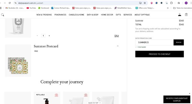 Diptyque Paris checkout page showing Diptyque Paris promo code box | Screenshot taken by SimplyCodes community member on Aug 5, 2025
