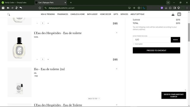 Diptyque Paris checkout page showing Diptyque Paris promo code box | Screenshot taken by SimplyCodes community member on Aug 1, 2025