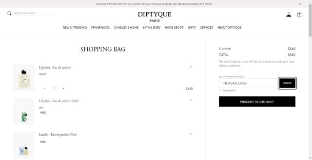 Diptyque Paris checkout page showing Diptyque Paris promo code box | Screenshot taken by SimplyCodes community member on Sep 29, 2025