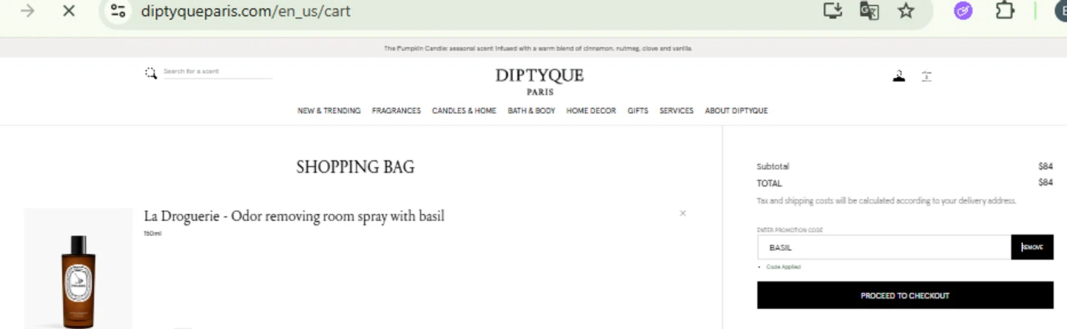 Diptyque Paris promo code screenshot showing code BASIL applied at Diptyque Paris checkout page. Uploaded by SimplyCodes community member CashMaestro9337 on Oct 9, 2025