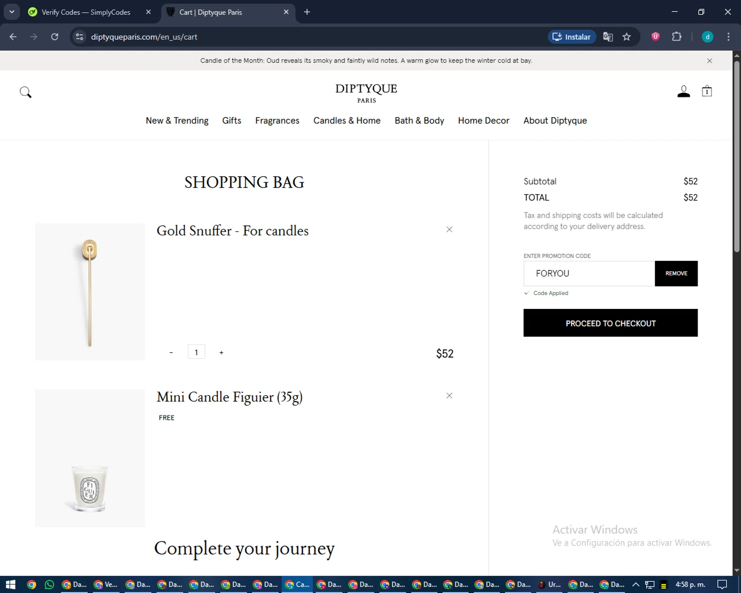 Diptyque Paris checkout page showing Diptyque Paris promo code box | Screenshot taken by SimplyCodes community member on Jan 18, 2026