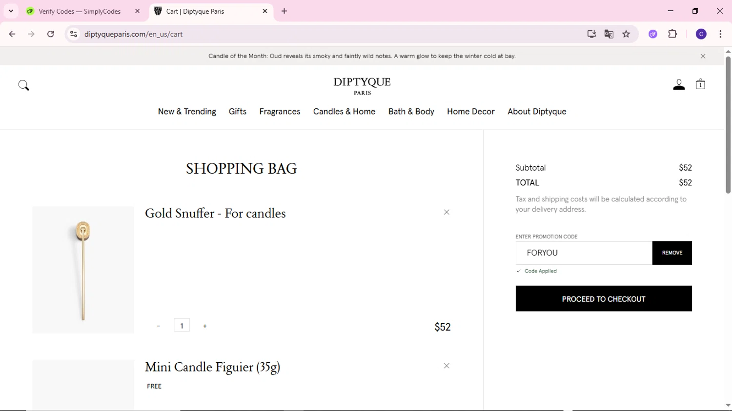 Diptyque Paris checkout page showing Diptyque Paris promo code box | Screenshot taken by SimplyCodes community member on Jan 18, 2026