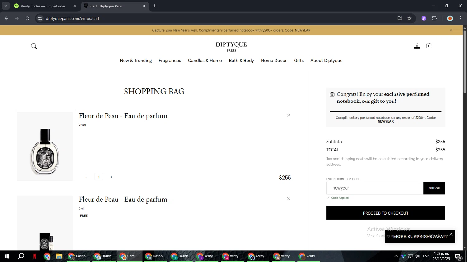 Diptyque Paris checkout page showing Diptyque Paris promo code box | Screenshot taken by SimplyCodes community member on Dec 23, 2025