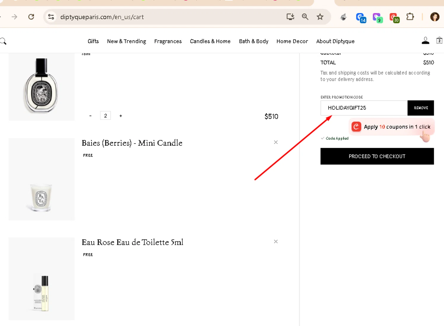 Diptyque Paris promo code screenshot showing code HOLIDAYGIFT25 applied at Diptyque Paris checkout page. Uploaded by SimplyCodes community member AMANDA2681 on Dec 21, 2025
