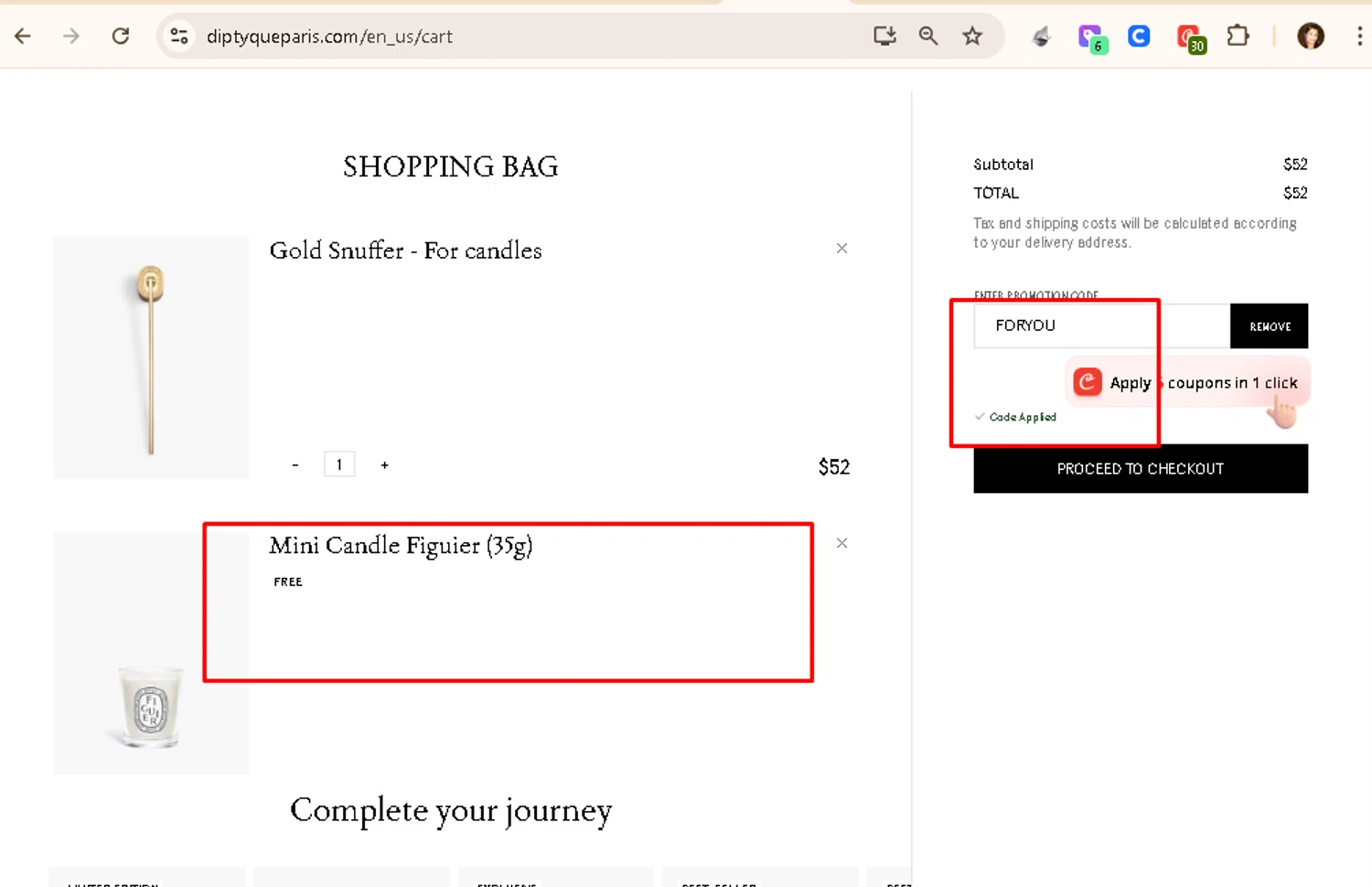 Diptyque Paris promo code screenshot showing code FORYOU applied at Diptyque Paris checkout page. Uploaded by SimplyCodes community member AMANDA2681 on Dec 11, 2025