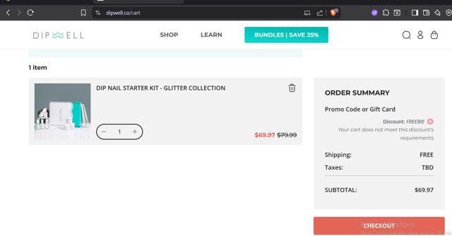 Dipwell checkout page showing Dipwell promo code box | Screenshot taken by SimplyCodes community member on Sep 12, 2025