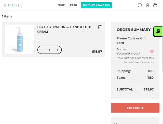 Dipwell checkout page showing Dipwell promo code box | Screenshot taken by SimplyCodes community member on Sep 12, 2025