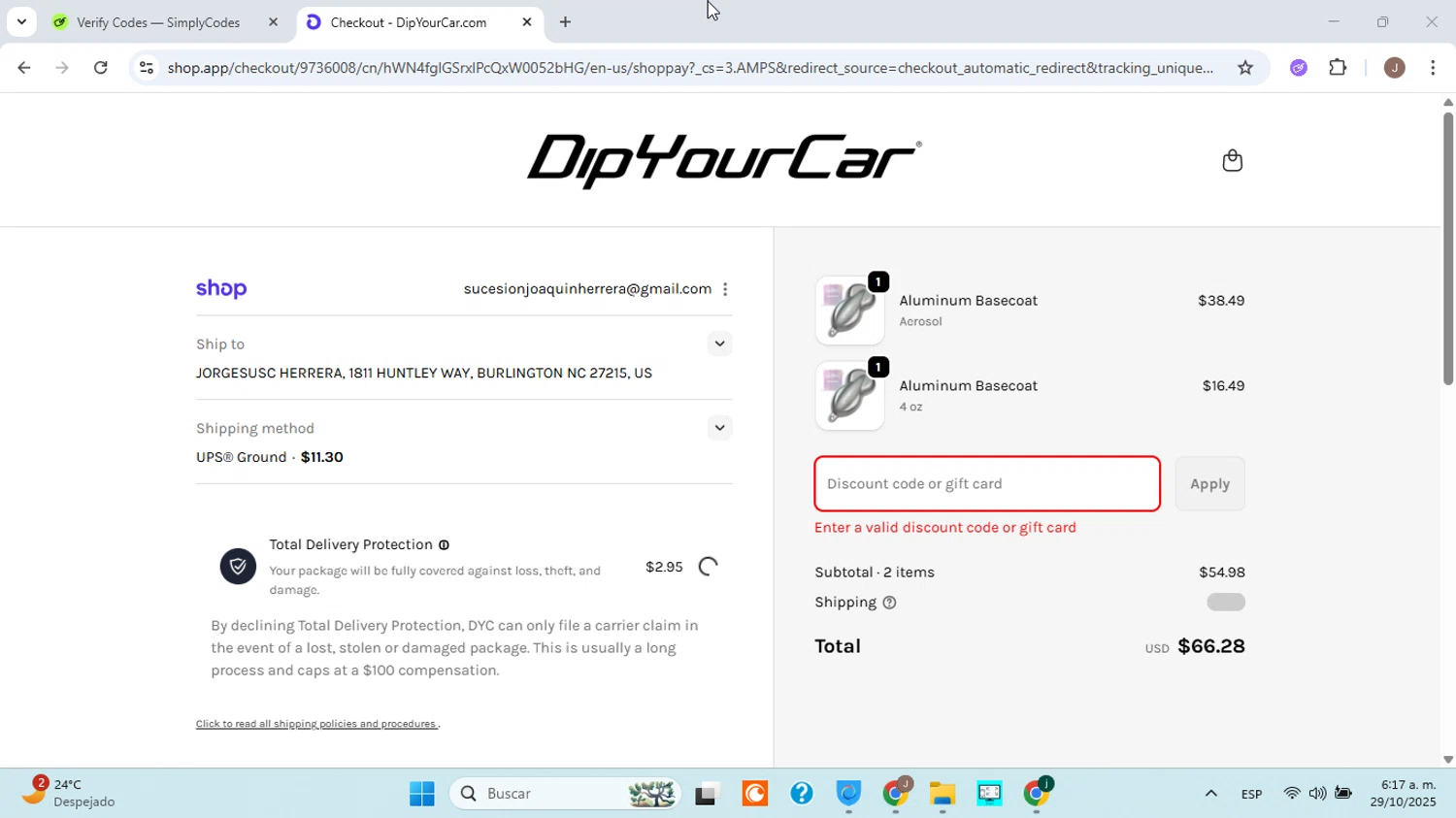 DipYourCar discount code screenshot showing code PERF15 applied at DipYourCar checkout page. Uploaded by SimplyCodes community member ABHF23 on Oct 29, 2025