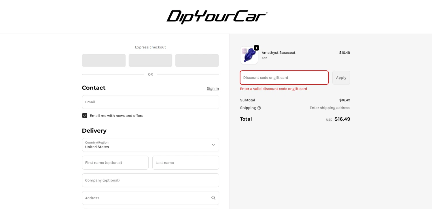 DipYourCar discount code screenshot showing code PERF15 applied at DipYourCar checkout page. Uploaded by SimplyCodes community member dimitriv on Oct 29, 2025