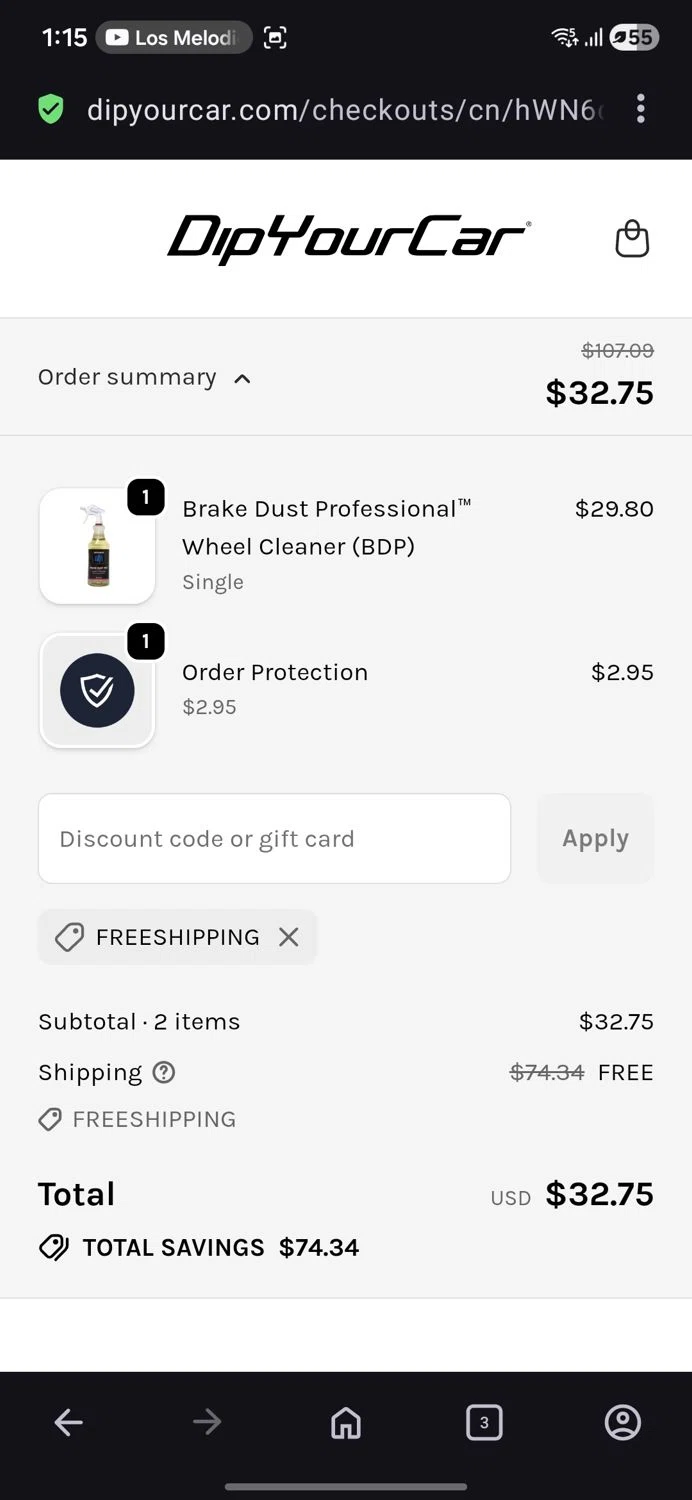DipYourCar discount code screenshot showing code FREESHIPPING applied at DipYourCar checkout page. Uploaded by SimplyCodes community member Charly2607 on Dec 25, 2025