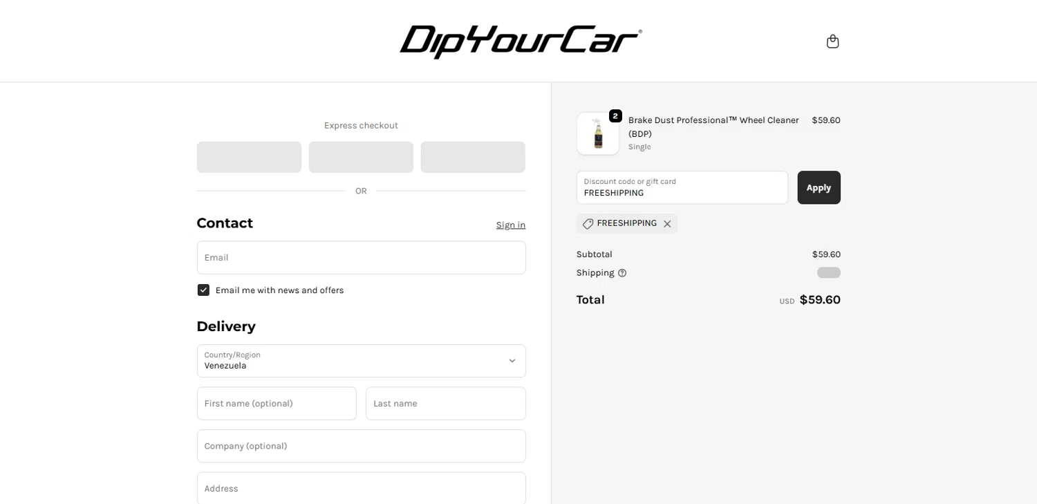 DipYourCar discount code screenshot showing code FREESHIPPING applied at DipYourCar checkout page. Uploaded by SimplyCodes community member MagnifiHero3476 on Jan 9, 2026