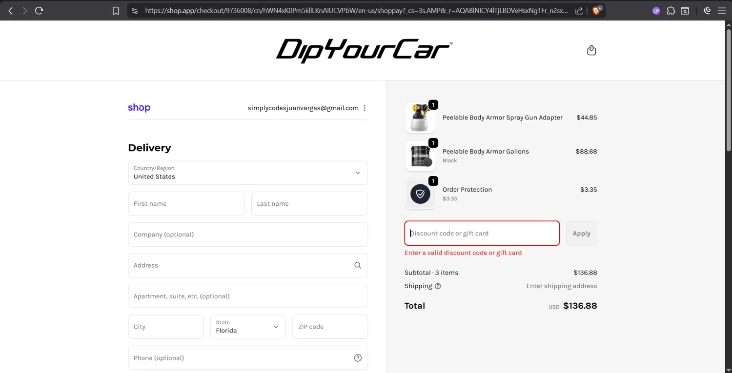 DipYourCar discount code screenshot showing code SPOOKY applied at DipYourCar checkout page. Uploaded by SimplyCodes community member juanvargas1 on Nov 5, 2025