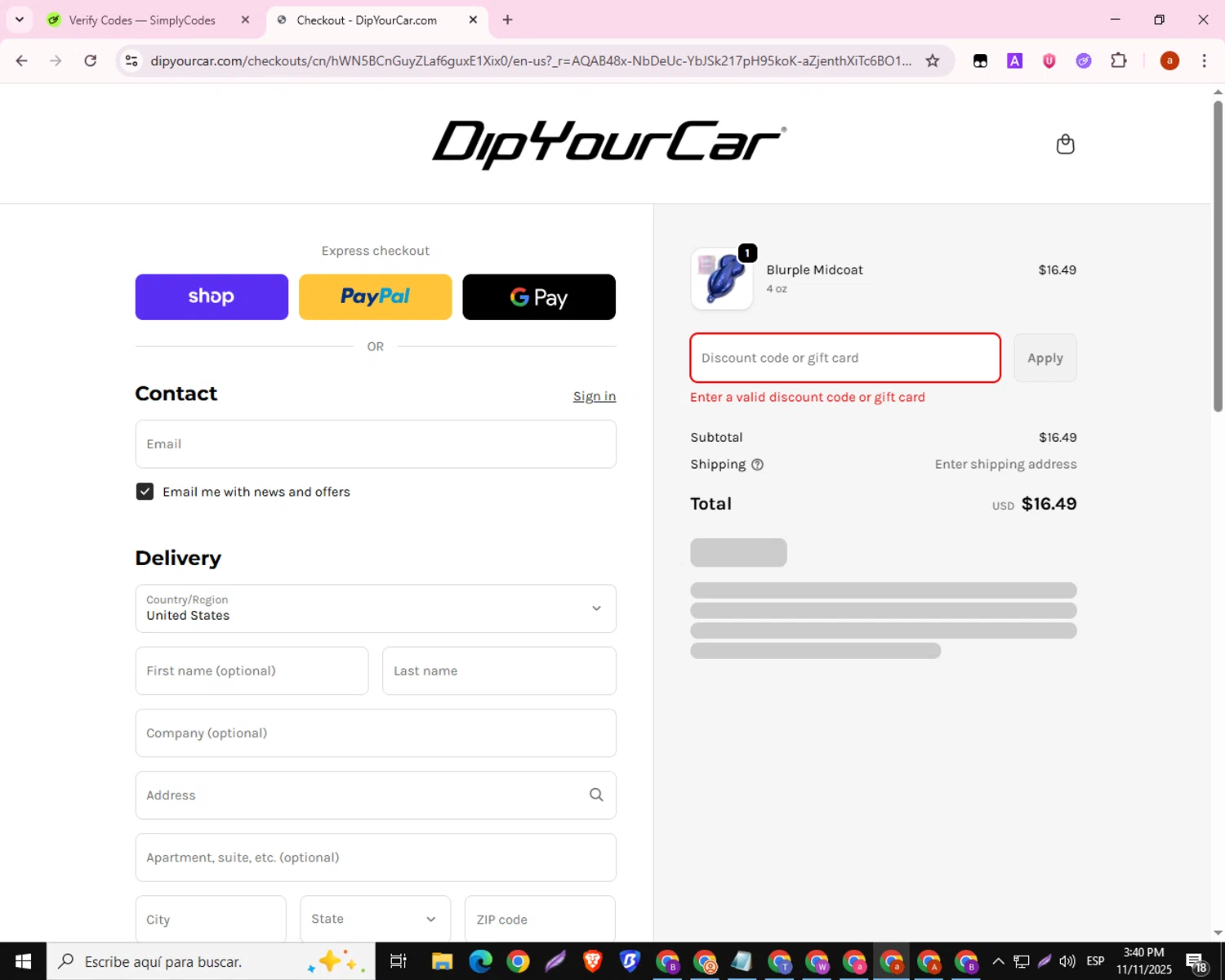 DipYourCar discount code screenshot showing code SP15 applied at DipYourCar checkout page. Uploaded by SimplyCodes community member PrimePro2711 on Nov 11, 2025