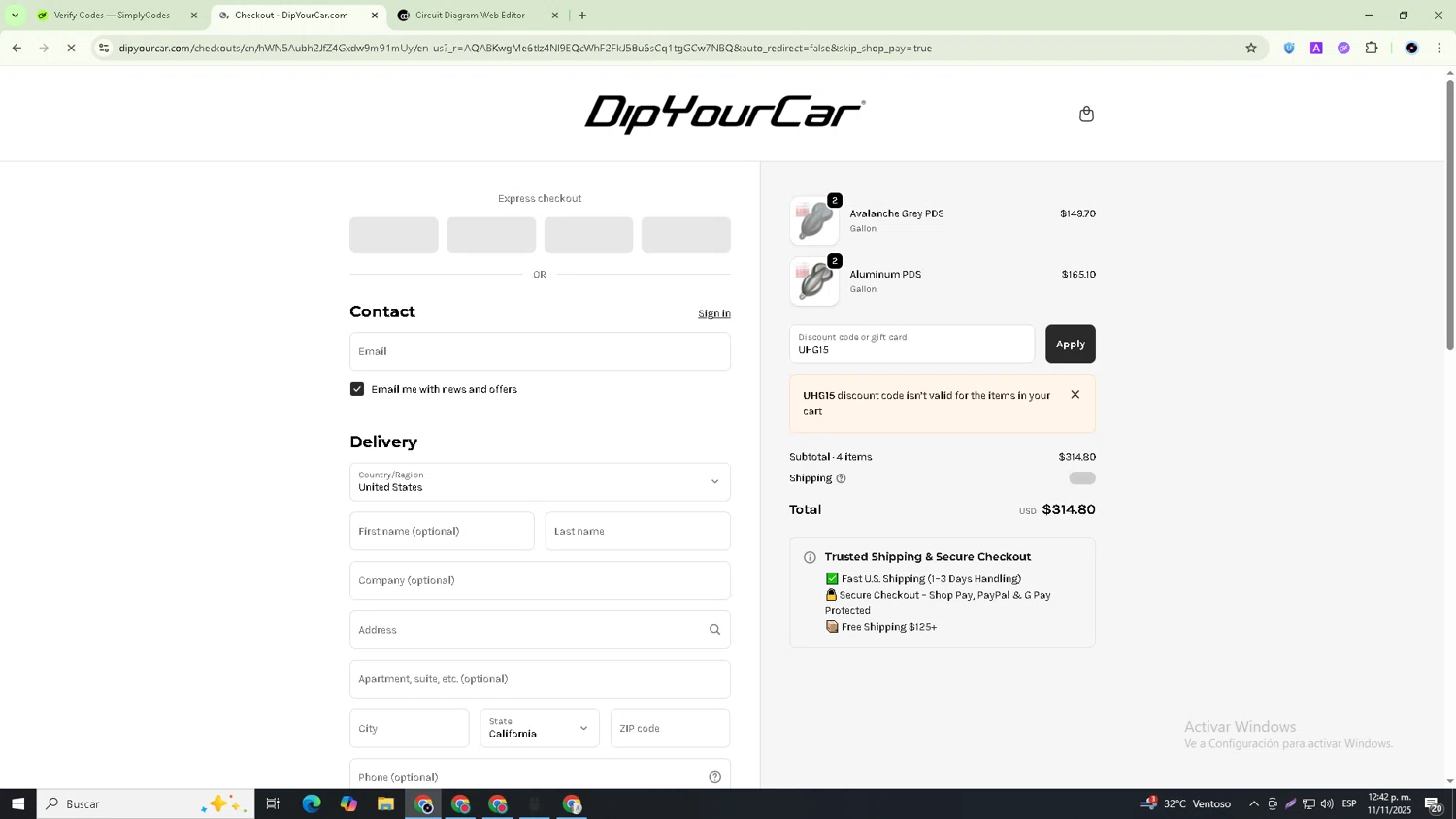 DipYourCar discount code screenshot showing code UHG15 applied at DipYourCar checkout page. Uploaded by SimplyCodes community member GoldRanger7074 on Nov 11, 2025