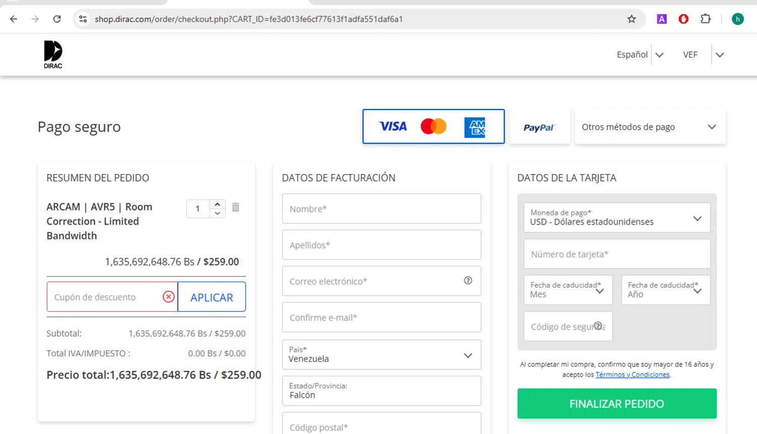 Dirac discount code screenshot showing code AVR5-ARCAM applied at Dirac checkout page. Uploaded by SimplyCodes community member VictoriousGuardian220 on Feb 24, 2025