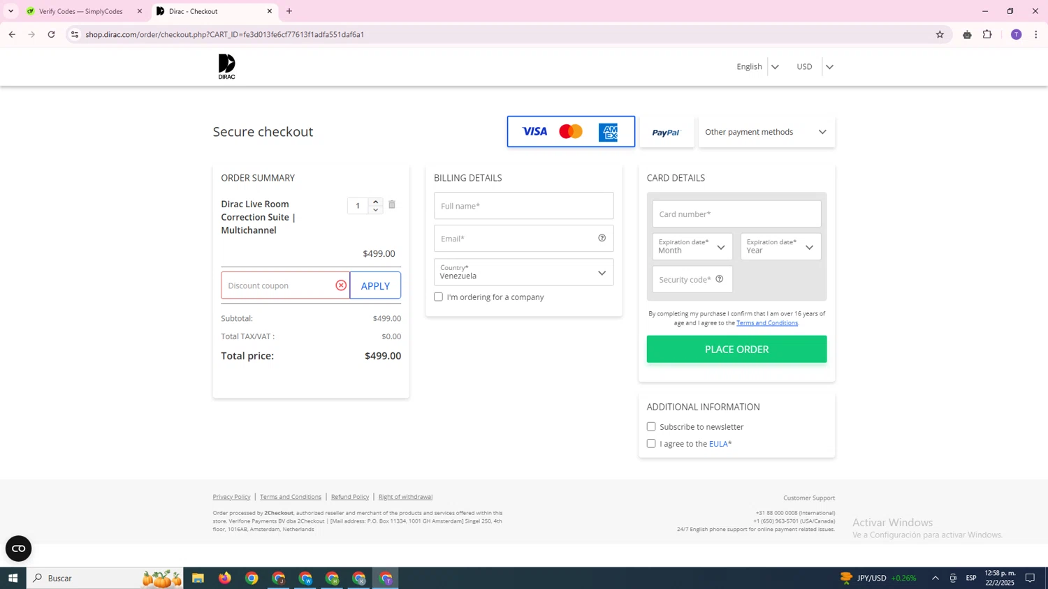 Dirac discount code screenshot showing code BC2023 applied at Dirac checkout page. Uploaded by SimplyCodes community member FortunateCurator5882 on Feb 22, 2025