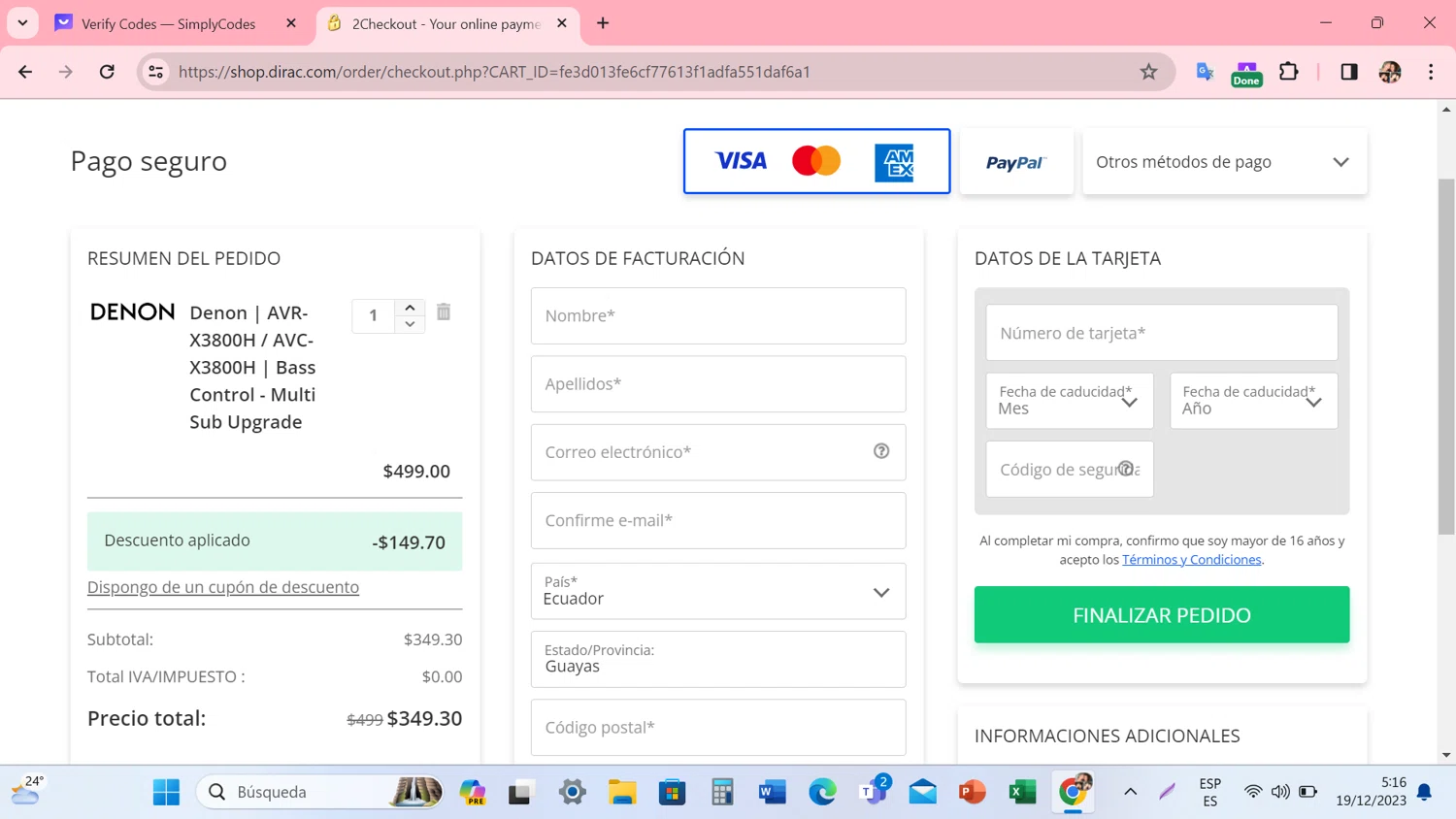 Dirac checkout page showing Dirac discount code box | Screenshot taken by SimplyCodes community member on Dec 19, 2023