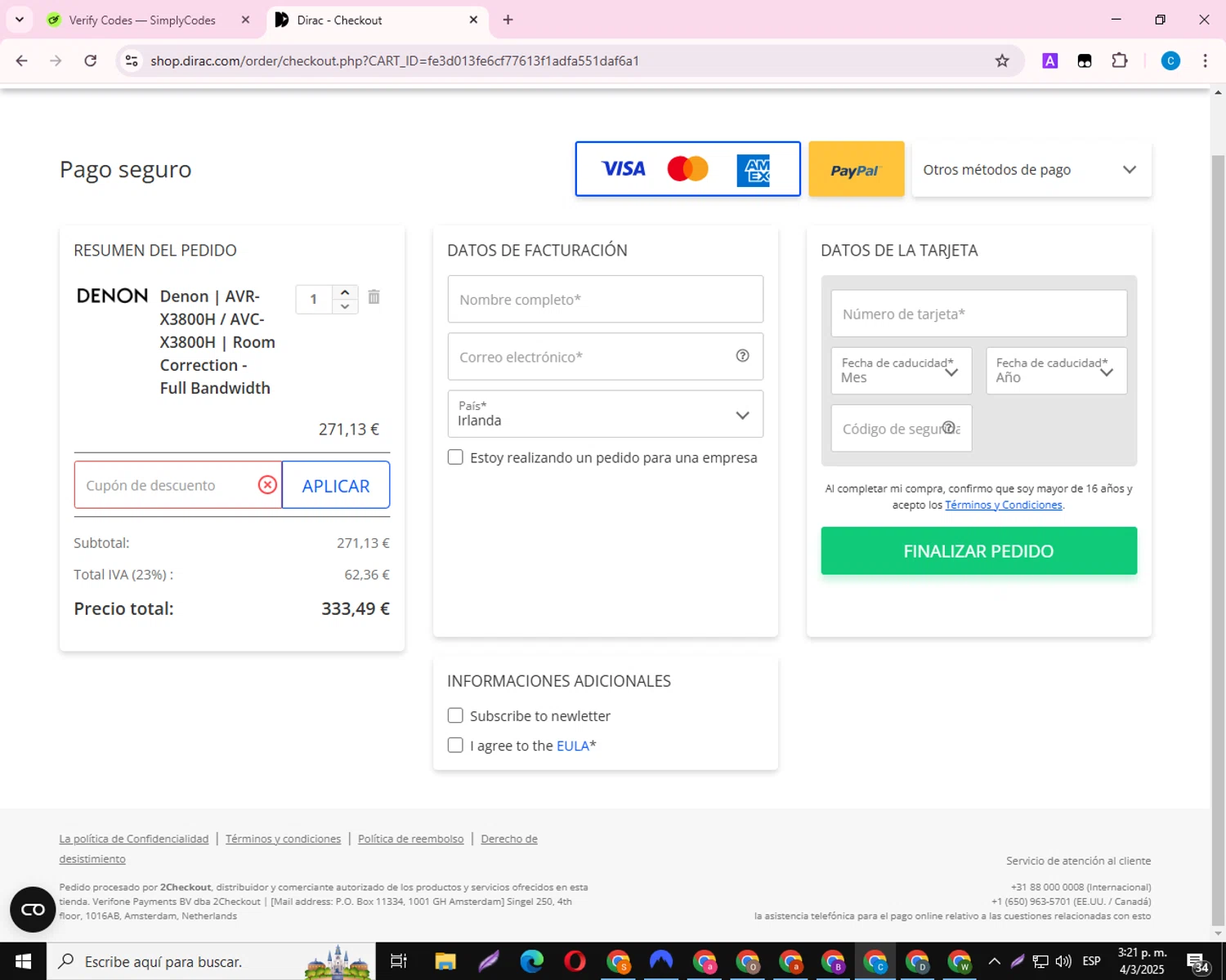 Dirac checkout page showing Dirac discount code box | Screenshot taken by SimplyCodes community member on Mar 4, 2025