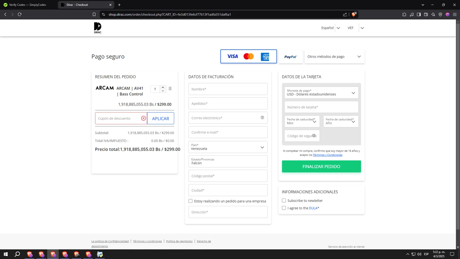 Dirac discount code screenshot showing code 30BCDM23 applied at Dirac checkout page. Uploaded by SimplyCodes community member lllllllllllllll on Mar 4, 2025