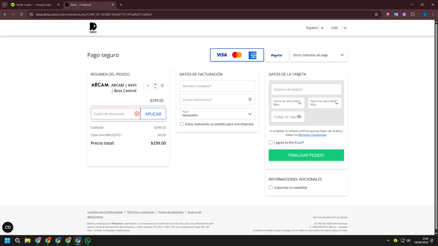 Dirac discount code screenshot showing code MIDSOMMAR20 applied at Dirac checkout page. Uploaded by SimplyCodes community member CashLegend3767 on Jun 18, 2025
