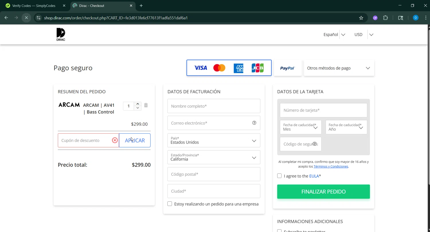 Dirac discount code screenshot showing code MIDSOMMAR20 applied at Dirac checkout page. Uploaded by SimplyCodes community member GoldChaser6627 on Jun 18, 2025