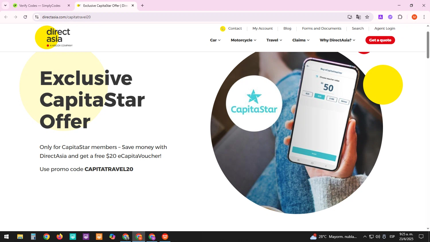Direct Asia Insurance promo code screenshot showing code CAPITATRAVEL20 applied at Direct Asia Insurance checkout page. Uploaded by SimplyCodes community member Mark13 on Jun 23, 2025