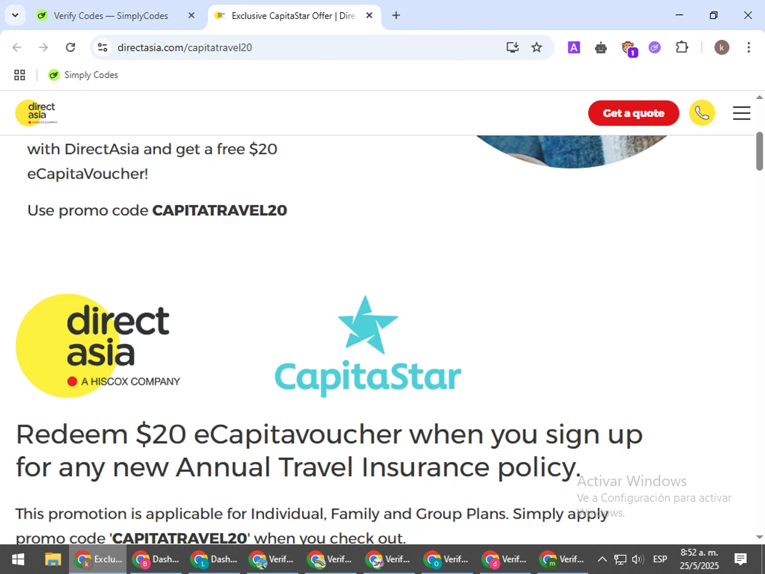Direct Asia Insurance promo code screenshot showing code CAPITATRAVEL20 applied at Direct Asia Insurance checkout page. Uploaded by SimplyCodes community member RewardRanger298 on May 25, 2025