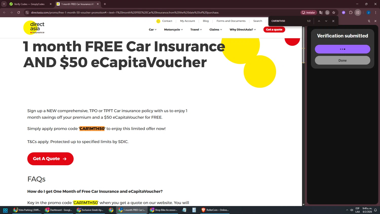 Direct Asia Insurance checkout page showing Direct Asia Insurance promo code box | Screenshot taken by SimplyCodes community member on Feb 8, 2026