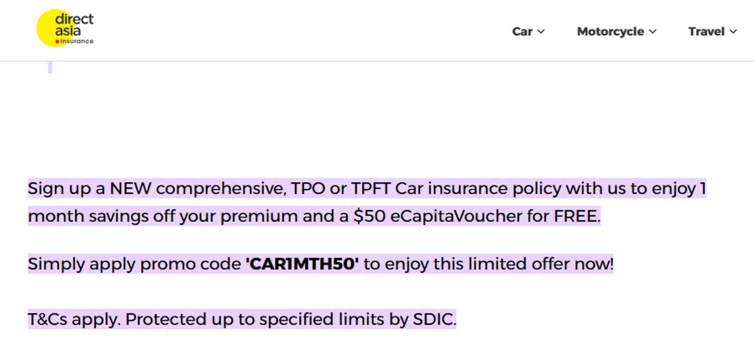 Direct Asia Insurance promo code screenshot showing code CAR1MTH50 applied at Direct Asia Insurance checkout page. Uploaded by SimplyCodes community member Taeyang on Jan 11, 2026