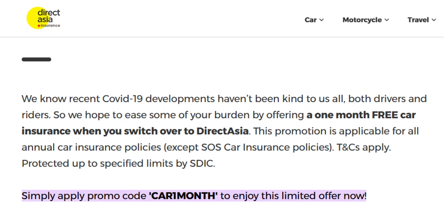 Direct Asia Insurance promo code screenshot showing code CAR1MONTH applied at Direct Asia Insurance checkout page. Uploaded by SimplyCodes community member Taeyang on Jan 11, 2026
