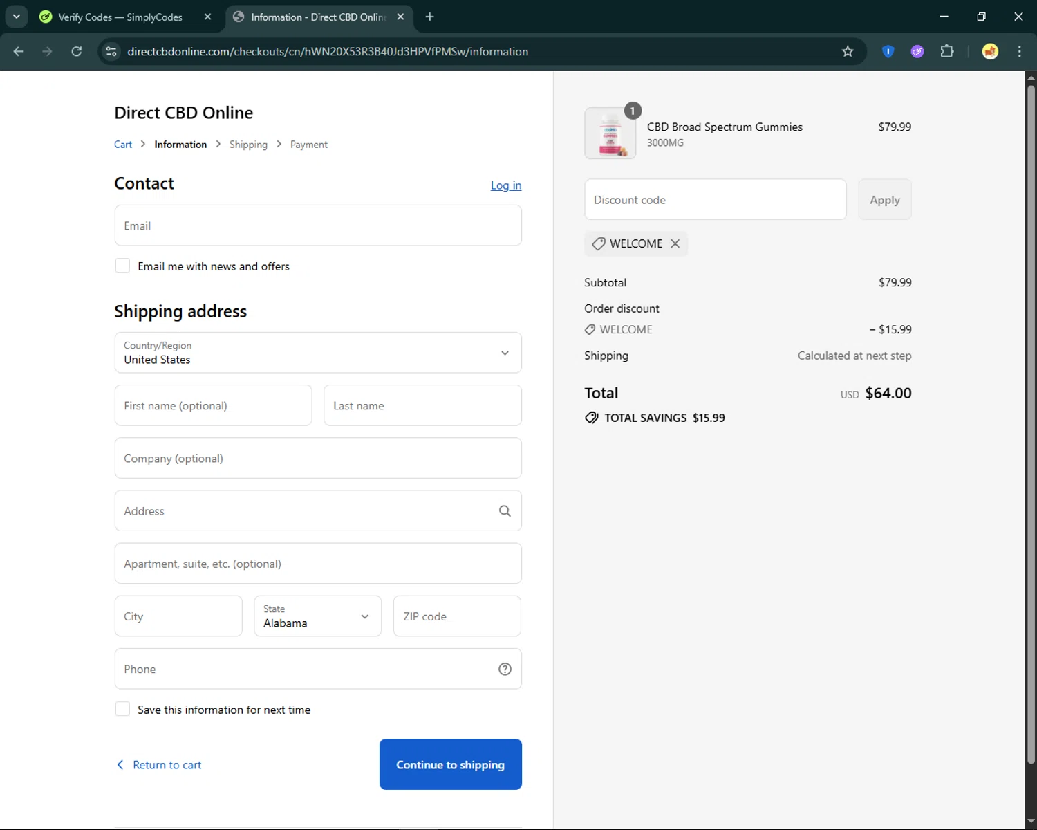 Direct CBD Online discount code screenshot showing code WELCOME applied at Direct CBD Online checkout page. Uploaded by SimplyCodes community member SmartFinder4193 on Aug 20, 2025