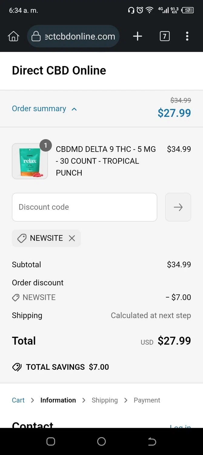 Direct CBD Online discount code screenshot showing code NEWSITE applied at Direct CBD Online checkout page. Uploaded by SimplyCodes community member Mangoverde on Apr 13, 2025